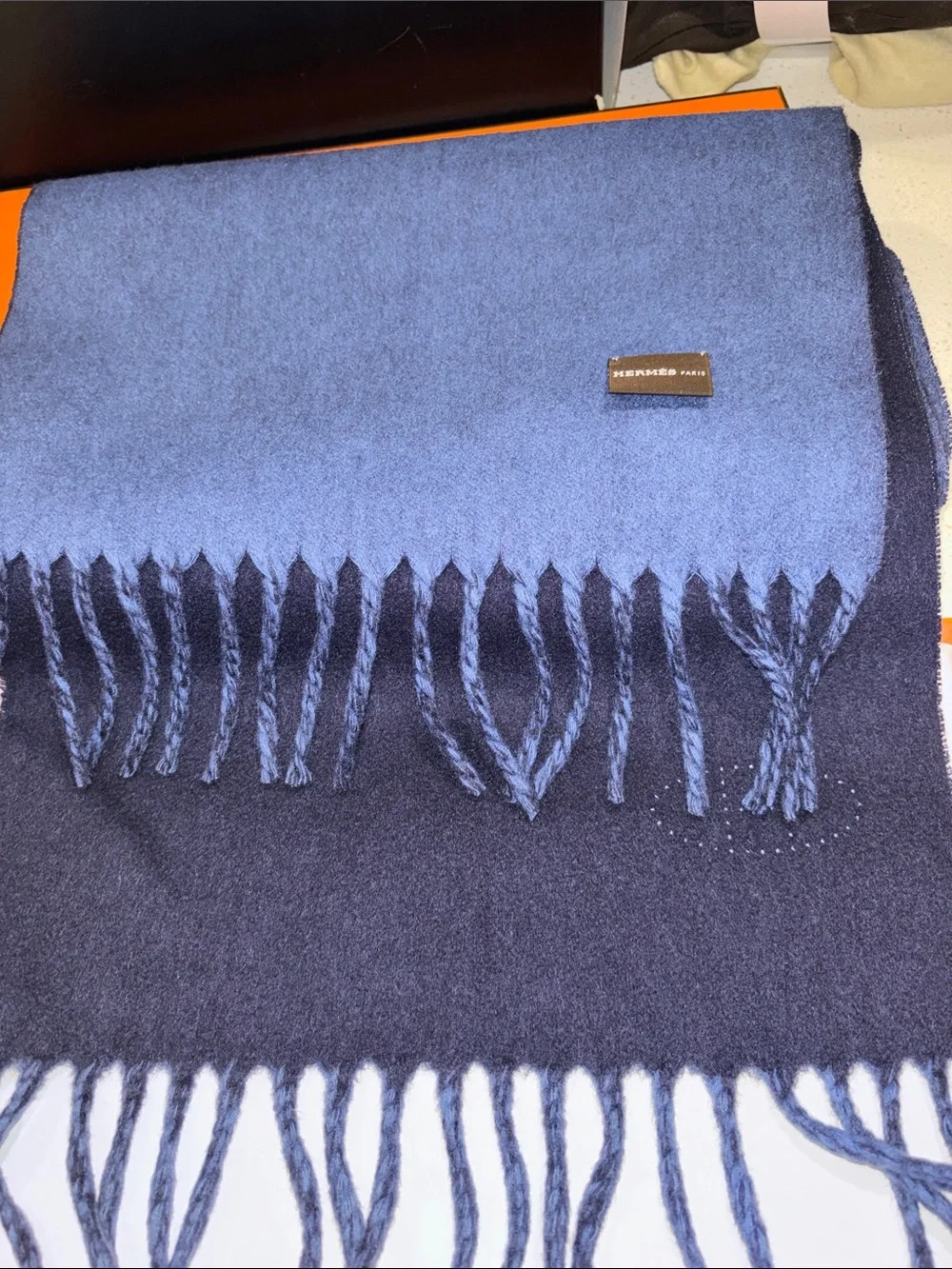 Hermes Two-Tone Navy & Light Blue Cashmere Scarf